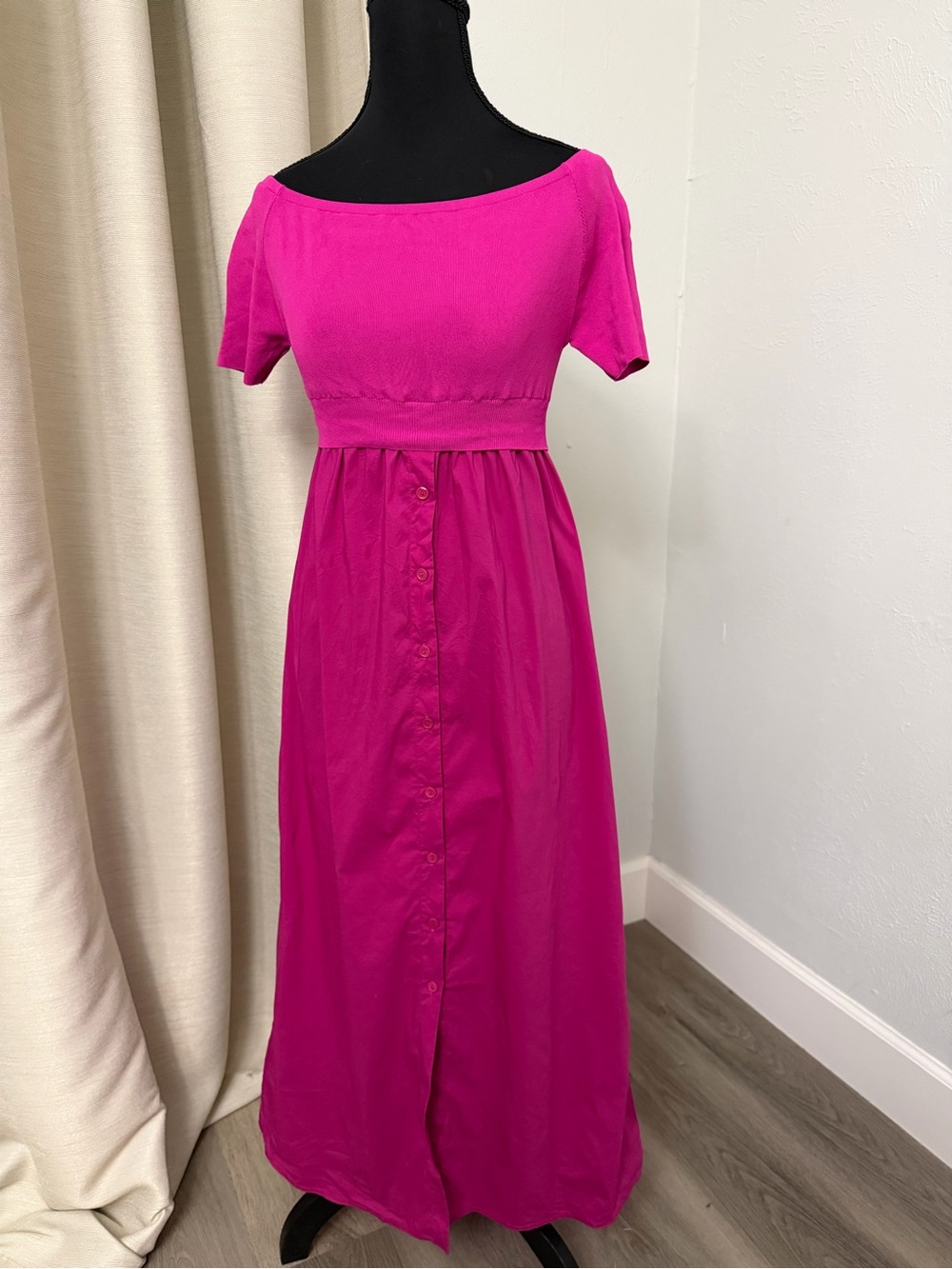 Off-Shoulder Fuchsia Maxi Dress with Button-Front Skirt